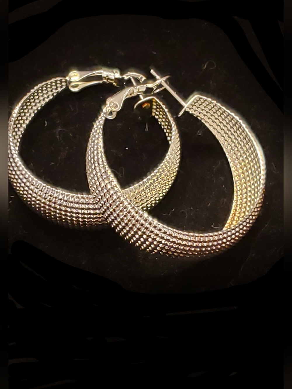 NEW Sterling Stamped Silver Hoop Earrings W/beaded Mesh Design, 1.25" Lever-back
